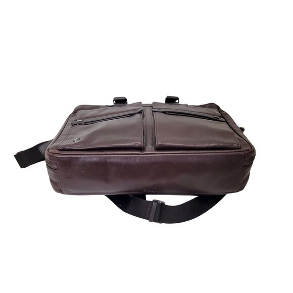Piquadro Dark Brown Leather Business Bag With Adjustable Strap Multiple Pockets - Picture 3 of 8